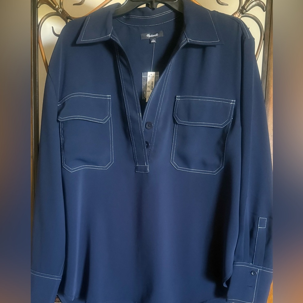 NWT Madewell Navy Contrast-Stitch Popover Blouse